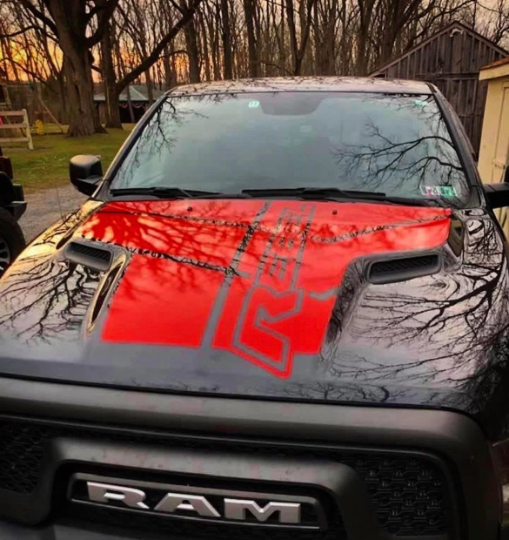 DRIVER SIDE ONLY 2009-2019 Custom Rebel Text & Stripes Dodge RAM SRT 1500 Performance Full Sport Hood Decal