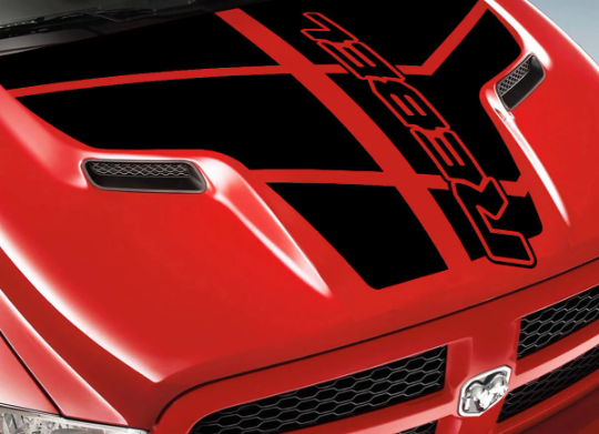 DRIVER SIDE ONLY 2009-2019 Custom Rebel Text & Stripes Dodge RAM SRT 1500 Performance Full Sport Hood Decal