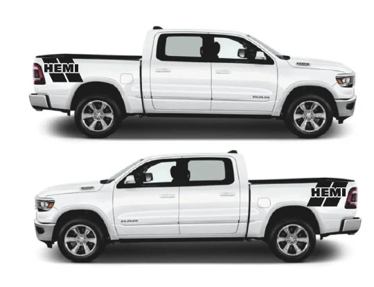 Set of 2 Custom HEMI Text with stripes Fits Dodge RAM SRT 1500 Performance Sport Decal
