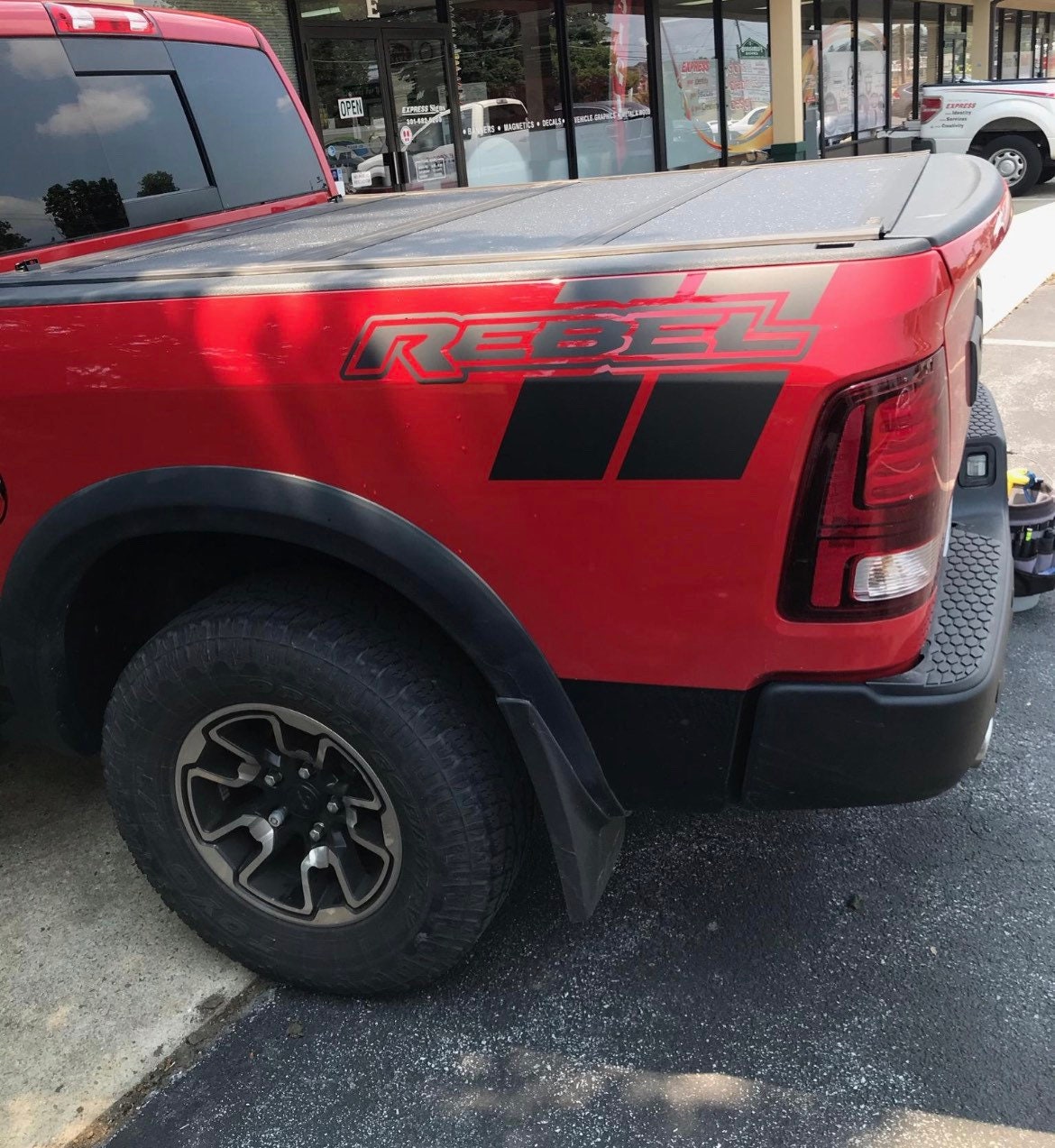 Red - Set of 2 Custom Rebel Text with stripes Dodge RAM SRT 1500 Performance Full Sport Decal
