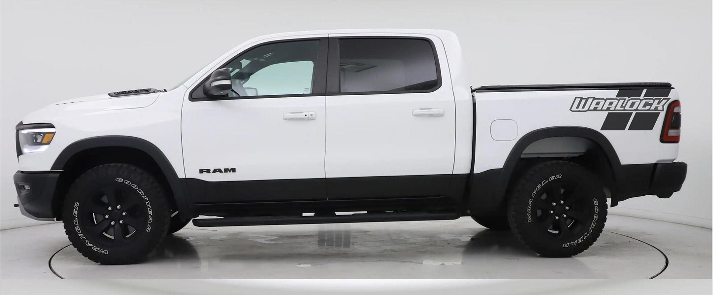 Matte Black Driver Side only! - Custom WARLOCK Text with stripes Dodge RAM SRT 1500 Performance Full Sport Decal