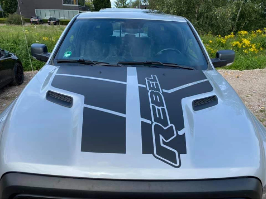 DRIVER SIDE ONLY 2009-2019 Custom Rebel Text & Stripes Dodge RAM SRT 1500 Performance Full Sport Hood Decal