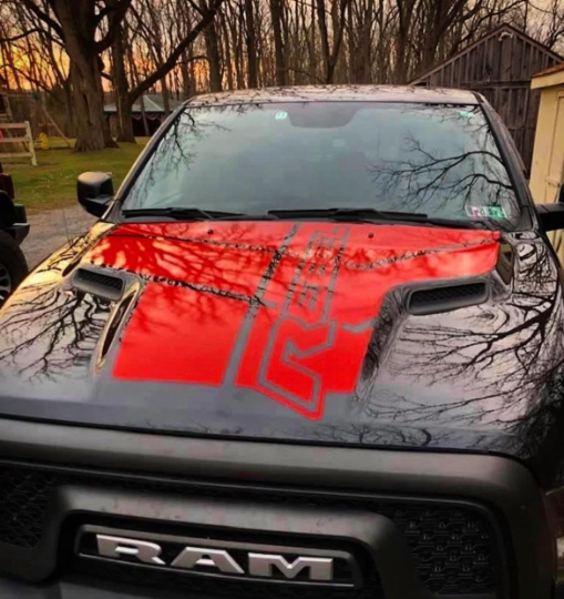 PASSENGER SIDE ONLY 2009-2019 Custom Rebel Text & Stripes Dodge RAM SRT 1500 Performance Full Sport Hood Decal