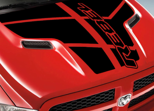 PASSENGER SIDE ONLY 2009-2019 Custom Rebel Text & Stripes Dodge RAM SRT 1500 Performance Full Sport Hood Decal