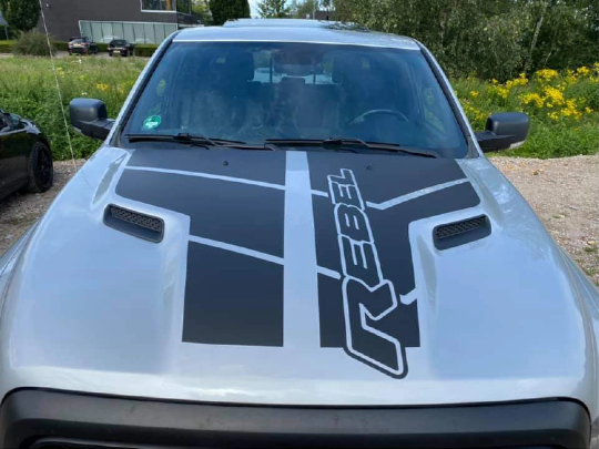 PASSENGER SIDE ONLY 2009-2019 Custom Rebel Text & Stripes Dodge RAM SRT 1500 Performance Full Sport Hood Decal