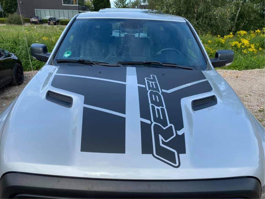 Gloss Black - Custom Rebel Text & Stripes 2009-2019 Dodge RAM SRT 1500 Performance Full Sport Hood Decal