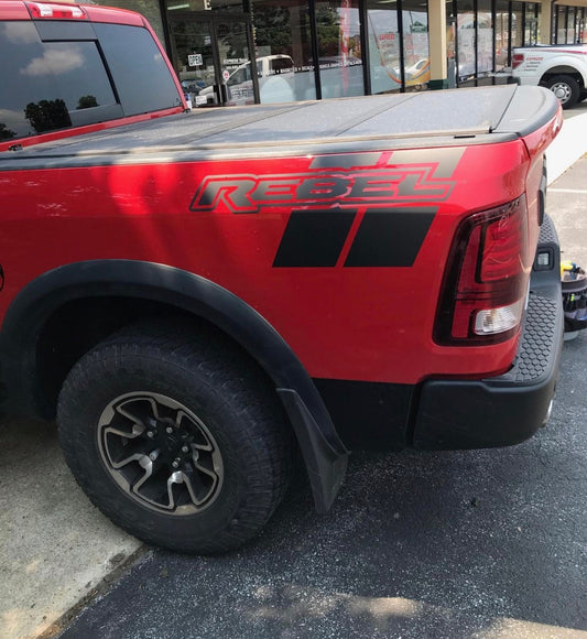 Red -  Set of 2 Custom Rebel Text with stripes Dodge RAM SRT 1500 Performance Full Sport Decal